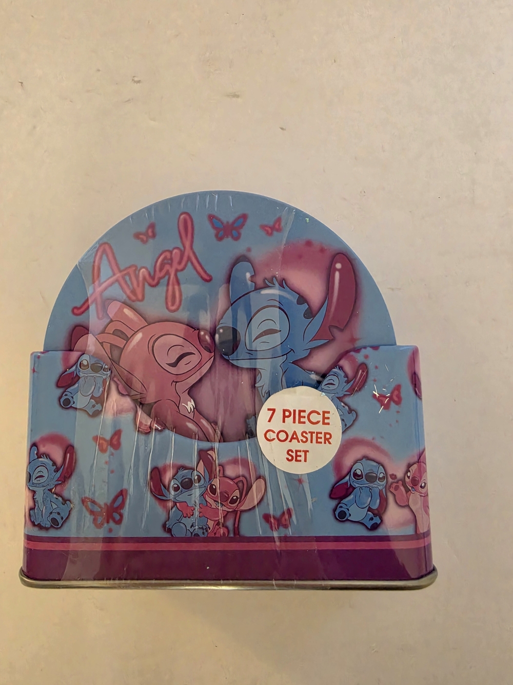 Disney Lilo & Stitch  7 Piece Tin Coaster Set W/ Holder Pink Blue Sz 4.5"